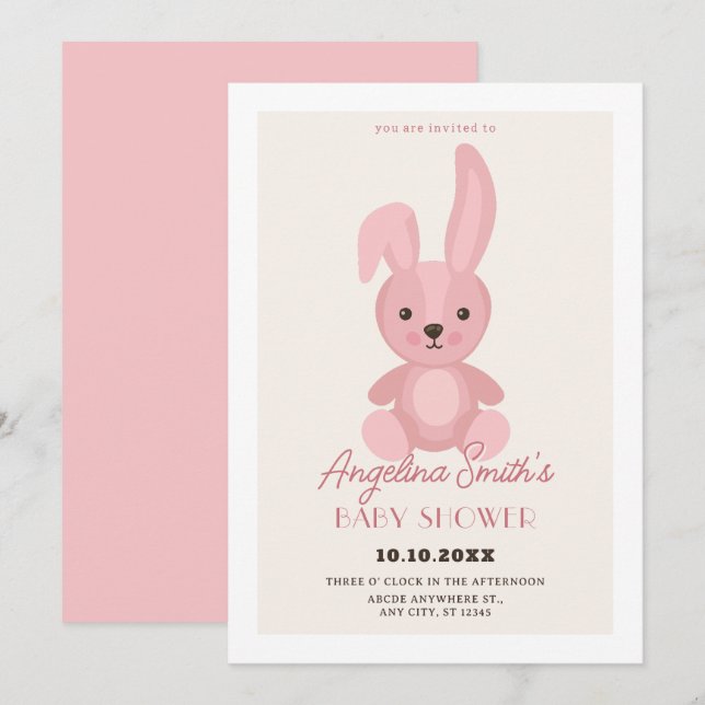 Invitation Baby shower de poupée de lapin rose (Devant / Derrière)