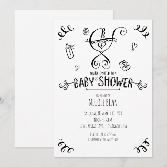 Invitation Baby shower de poussette blanche et noire (Devant / Derrière)