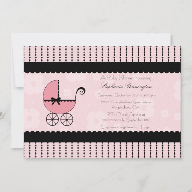 Invitation baby shower de poussette moderne noir rose (Devant)
