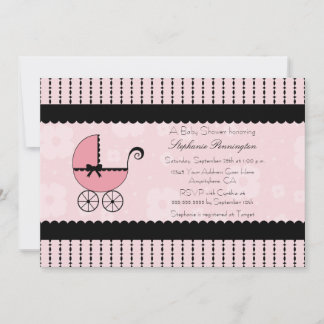Invitation baby shower de poussette moderne noir rose
