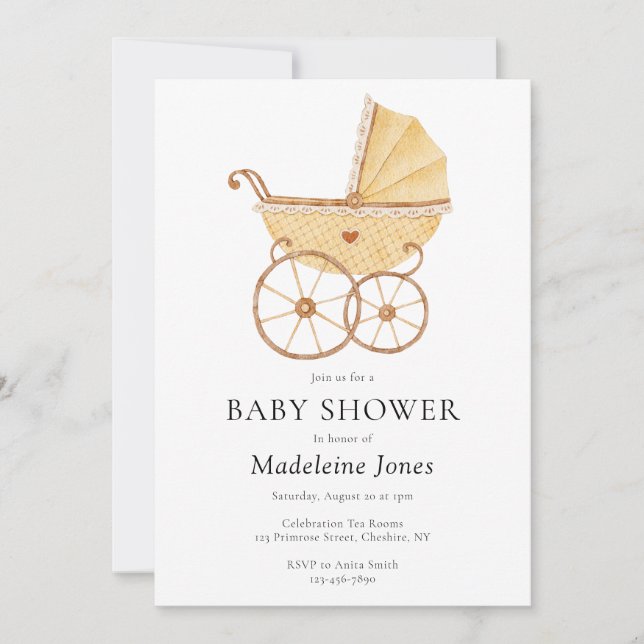 Invitation Baby shower de poussette neutre par rapport au sex (Devant)