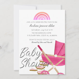 Invitation Baby shower de poussette rose arc-en-ciel simple
