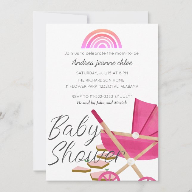Invitation Baby shower de poussette rose arc-en-ciel simple (Devant)