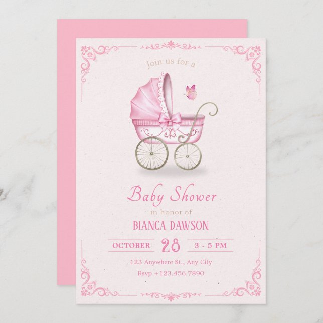 Invitation Baby shower de poussette rose pastel (Devant / Derrière)