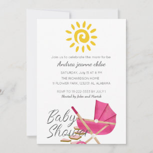 Invitation Baby shower de poussette rose soleil moderne simpl