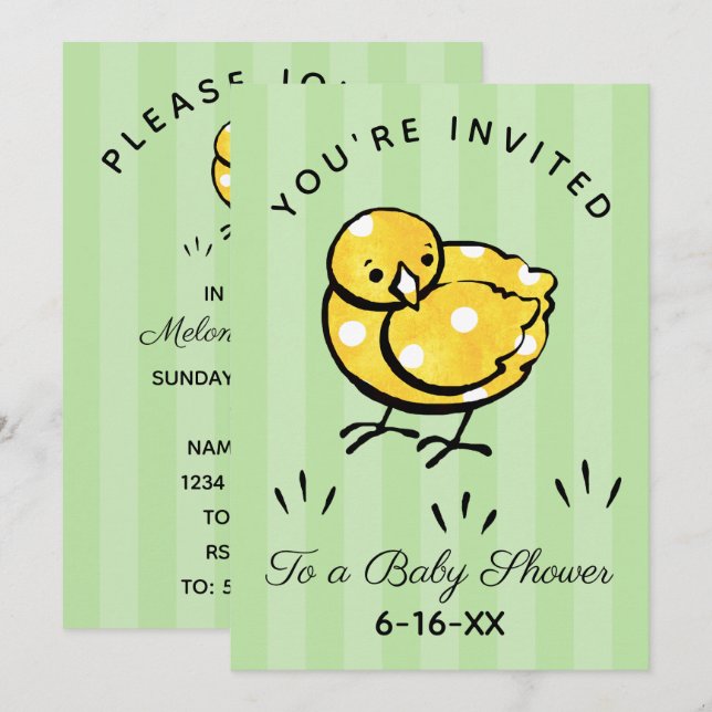 Invitation Baby shower de poussin jaune (Devant / Derrière)