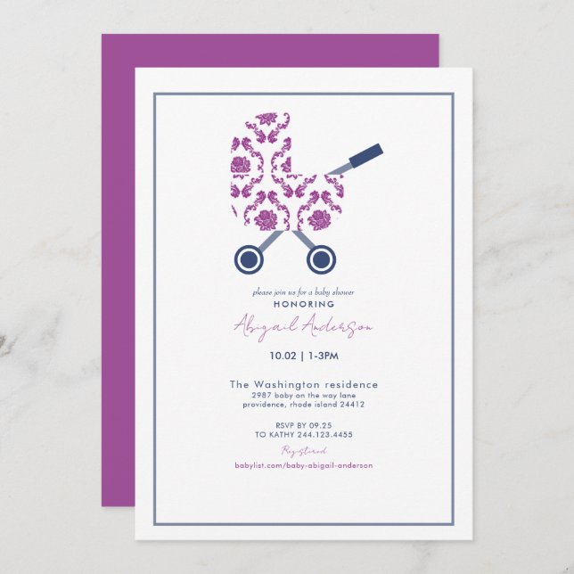 Invitation Baby shower de Pram Damask Magenta & Navy (Devant / Derrière)