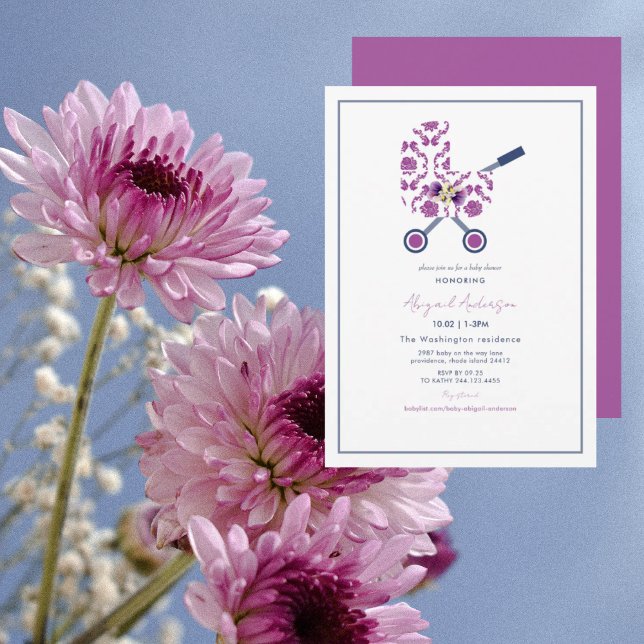 Invitation Baby shower de Pram Damask Magenta & Navy (Créateur téléchargé)