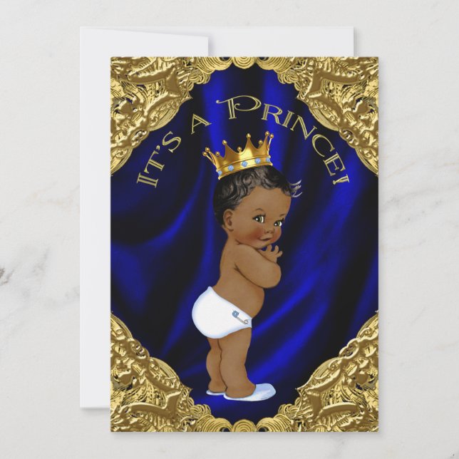 Invitation Baby shower de Prince Afro-Américain Bleu et Or (Devant)