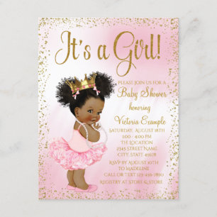 Invitation Baby shower de princesse afro-américaine d'or rose