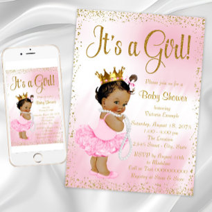 Invitation Baby shower de princesse afro-américaine d'or rose