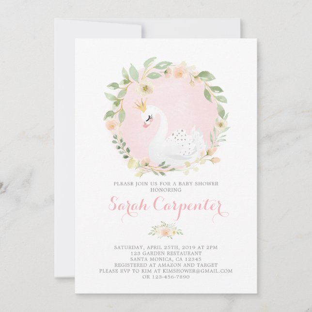 Invitation baby shower de princesse cygne rose et or (Devant)