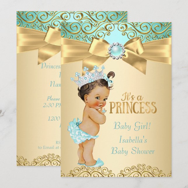 Invitation Baby Shower de Princesse Damassé Sarcelle Or (Devant / Derrière)