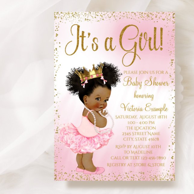 Invitation Baby shower de princesse ethnique rose et or (Pretty pink and gold princess tutu baby shower invitation. Simply add your event details)