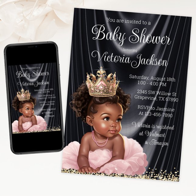 Invitation Baby shower de princesse noire africaine rose (African princess pink and gold tutu and crown. Instant download and print.)