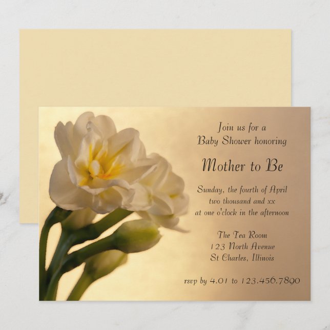 Invitation Baby shower de printemps blanc double jonquilles (Devant / Derrière)