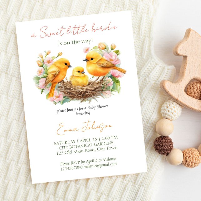 Invitation Baby shower de printemps de l'éclosion de petits o (Little birdie hatching soon spring baby shower template invitation yellow canaries about to hatch)