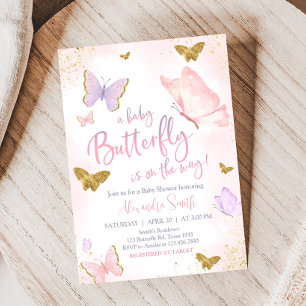 Invitation Baby shower de printemps de papillon rose or