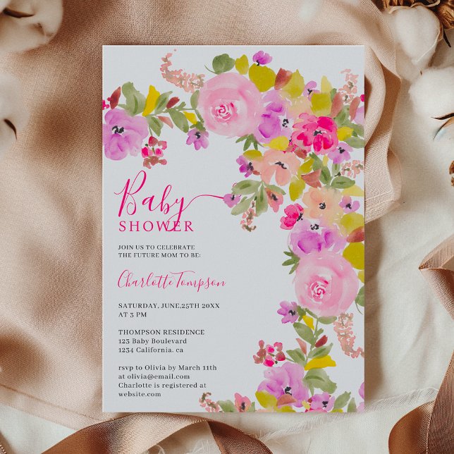 Invitation Baby shower de printemps fleur sauvage rose bohème (Bohemian pink wildflowers spring baby shower invitation)