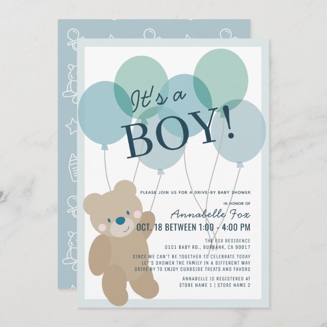 Invitation Baby shower de promenade de Teddy Bear Balloon Blu (Devant / Derrière)