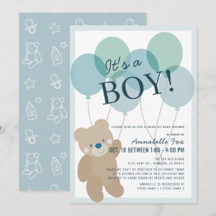Invitation Baby shower de promenade de Teddy Bear Balloon Blu