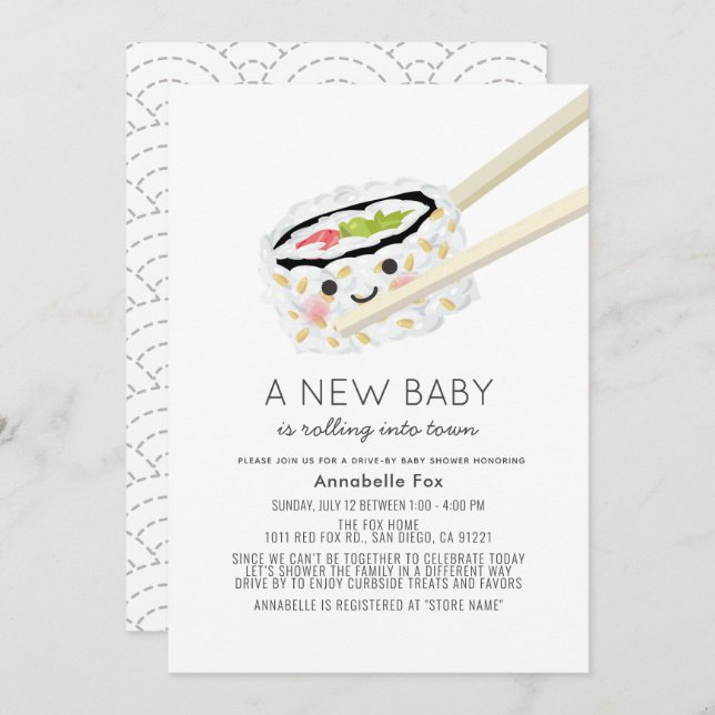 Invitation Baby shower de promenade Sushi Roll Kawaii (Devant / Derrière)