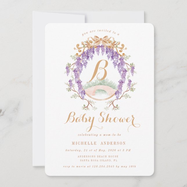 Invitation Baby shower de régence florale de la Wisteria vint (Devant)