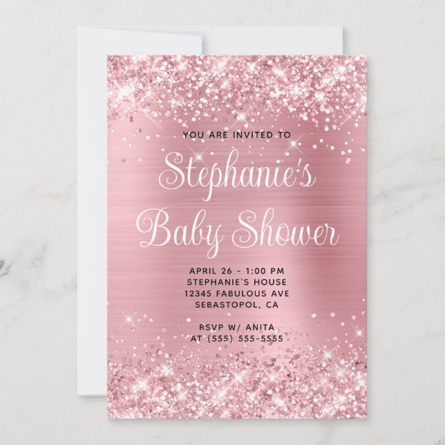 Invitation Baby shower de registre en ligne Glittery Pink Foi (Devant)