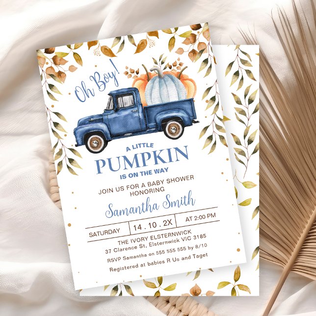 Invitation Baby shower de remplissage du camion Citrouille Bl (Editable Blue Little Pumpkin Truck Baby Shower Invitation, Fall Baby Shower Invite Boy, Editable)
