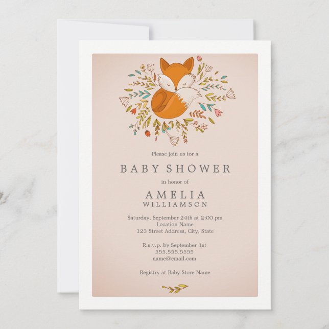 Invitation Baby shower de renard rose doux en bois (Devant)