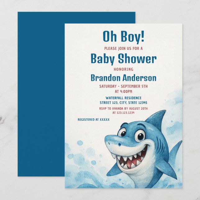 Invitation Baby shower de requin bleu souriant Thème (Devant / Derrière)