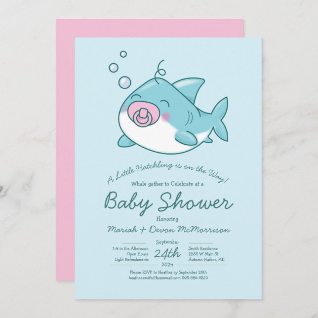 Invitation Baby shower de requin mignon Kawaii fille rose (Devant / Derrière)