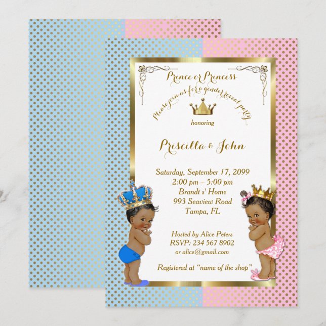 Invitation Baby shower de révélation de genre, bleu, rose, or (Devant / Derrière)