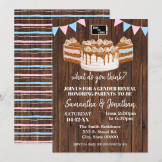 Invitation Baby shower de révélation de genre de gâteau bleu