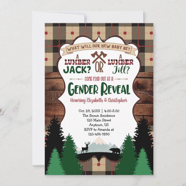 Invitation Baby shower de révélation de genre Lumberjack (Devant)