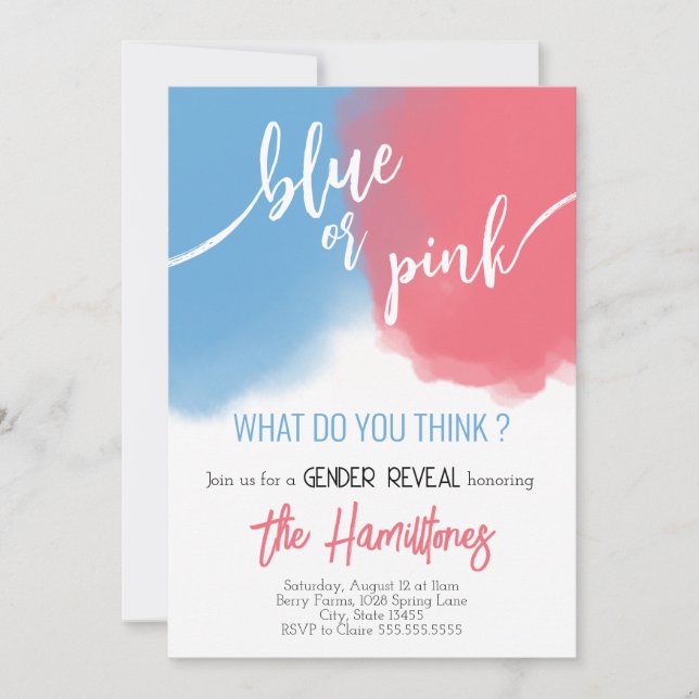 Invitation Baby shower de révélation de sexe bleu et rose Inv (Devant)