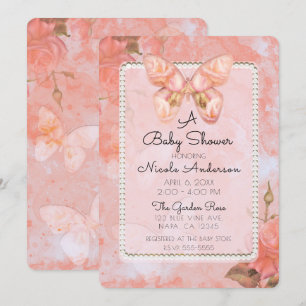 Invitation Baby shower de Rose de papillon Vintage rose corai