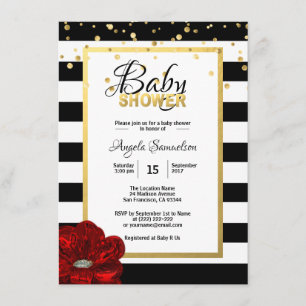 Invitation Baby shower de rose rouge à fleurs blanches d'or