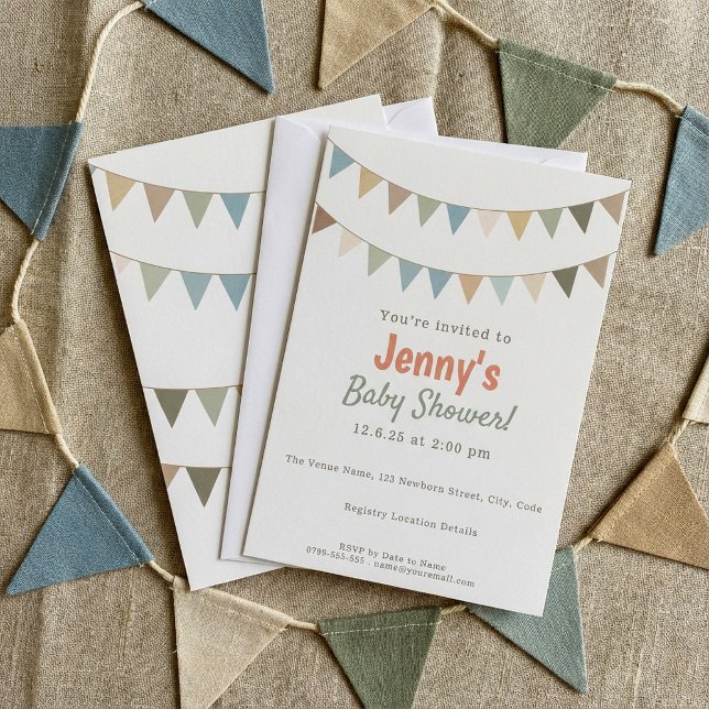 Invitation Baby shower de rouille en terracotta et Sage Green (Rust Terracotta and Sage Green Bunting Baby Shower Invitation.)