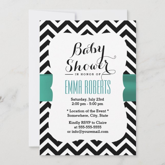 Invitation Baby shower de ruban Turquoise Chevron Stripes Cla (Devant)