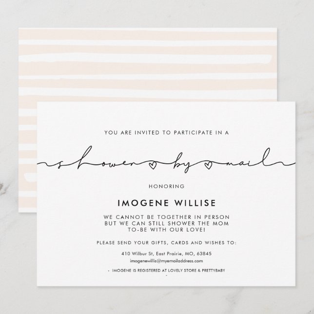 Invitation Baby shower de script blanc mignon par courrier (Devant / Derrière)