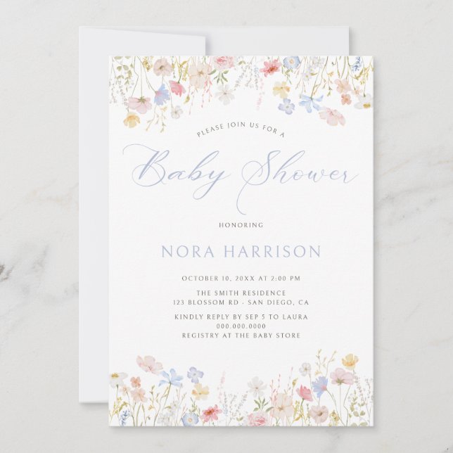 Invitation Baby shower de script bleu pâle (Devant)