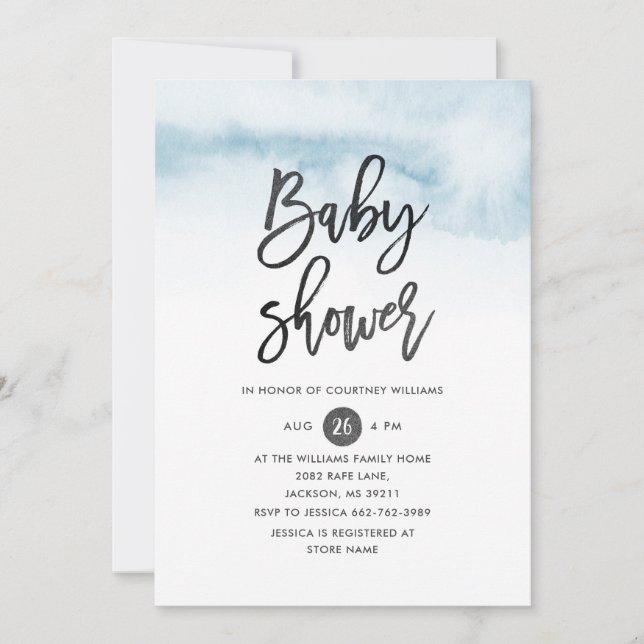 Invitation Baby shower de script d'aquarelle en bleu (Devant)