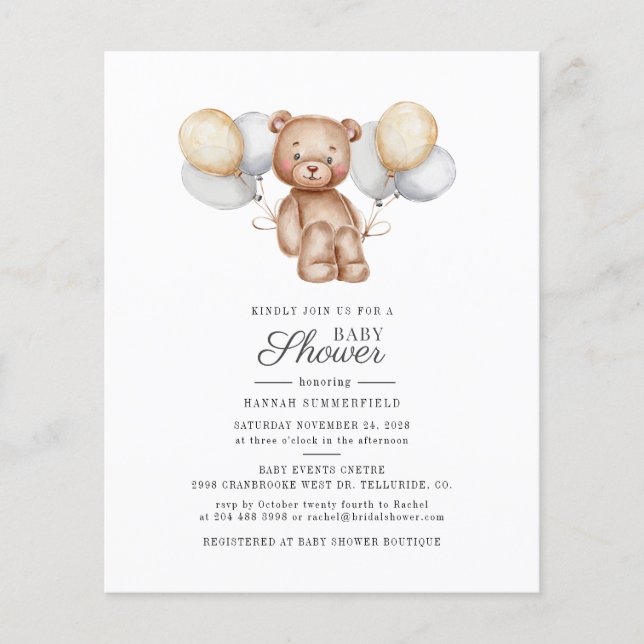Invitation Baby shower de script de ballons d'ours (Devant)