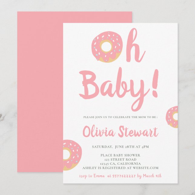 Invitation baby shower de script de donut rose pâle (Devant / Derrière)