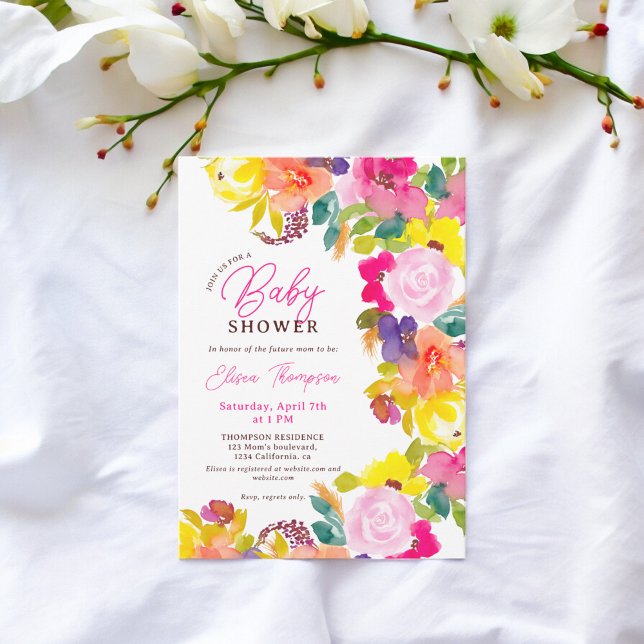 Invitation Baby shower de script de fleurs d'aquarelle modern (Modern bold watercolor flowers script baby shower invitation)