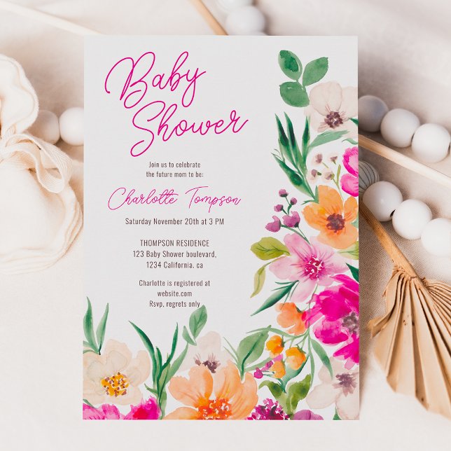Invitation Baby shower de script de fleurs sauvages vives (Bright bold wild flowers script baby shower invitation)