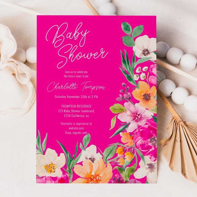 Invitation Baby shower de script de fleurs sauvages vives (Bright bold wild flowers script baby shower invitation)