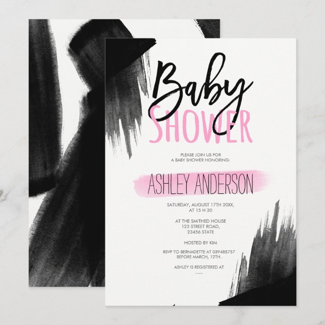 Invitation Baby shower de script de l'aquarelle noire rose (Devant / Derrière)