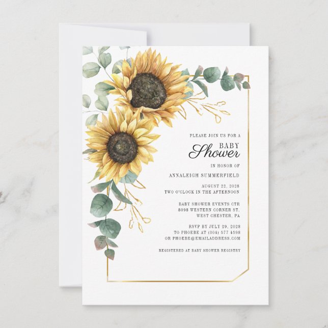 Invitation Baby shower de script de tournesol floral Eucalypt (Devant)